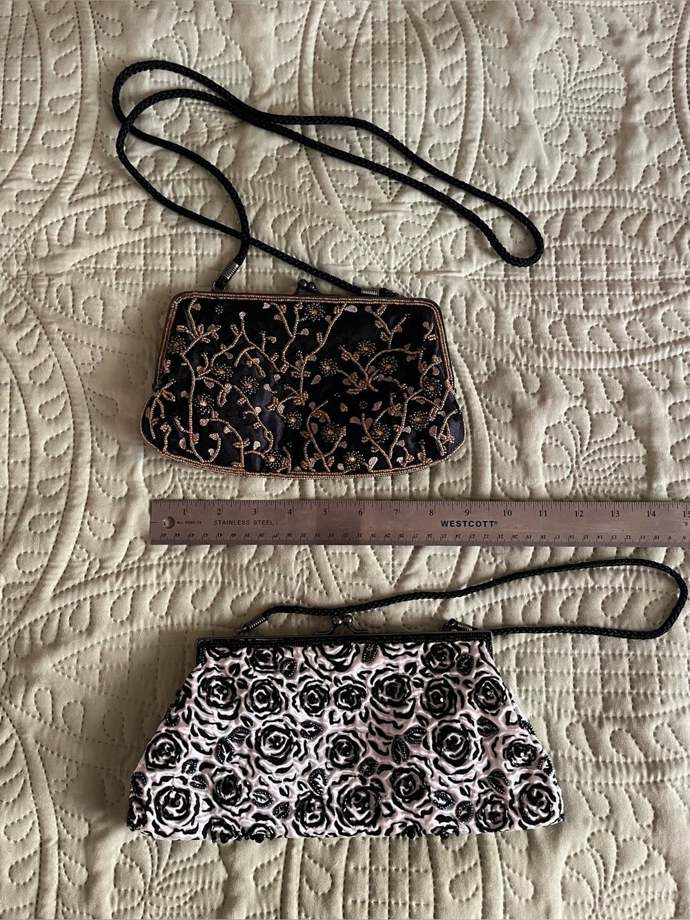 Two Elegant Black Floral Beaded Evening Bags